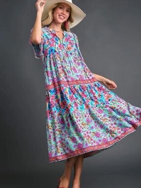 Umgee Aqua Floral Midi Dress with Pink & Blue Blooms